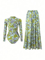 Vintage Green Leaves Print One Piece Swimsuit Long Skirt Sets Women Long Sleeve Zipper Slim Fit Bathing Suit Surf Swimwear 2026