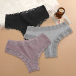 3Pcs Women Cotton Brazilian Pants Sexy Lace Brazilian Briefs Low Waist Floral Solid Color G-string Breathable Soft Lingerie