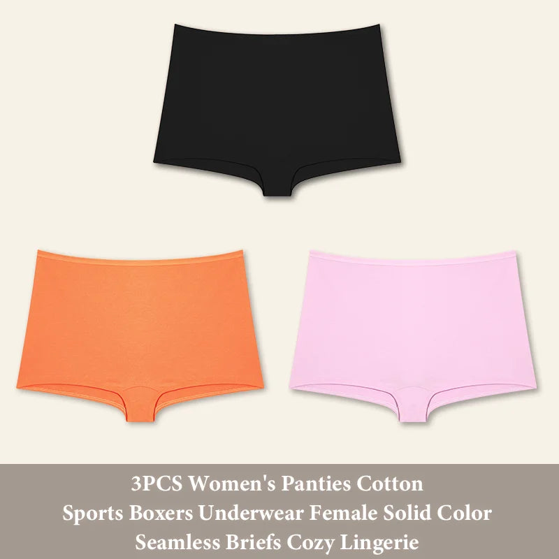 3PCS Women's Panties Cotton Seamless Sports Boxers Underwear Female Solid Color Briefs Cozy Lingerie Intimate Underpants XS-XL