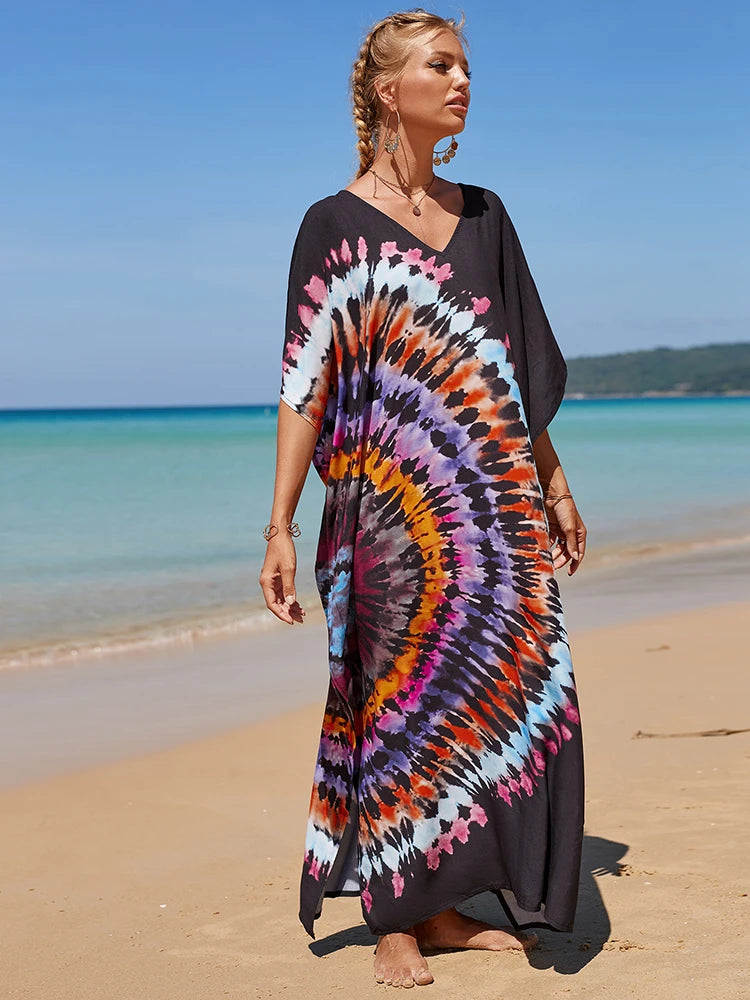 2025 Loose Boho Style Maxi Dress Print Face Swim Suit Cover-up Bohemian Dress Robe Plage Kaftan Maxi Dress Beach Wear Tunics