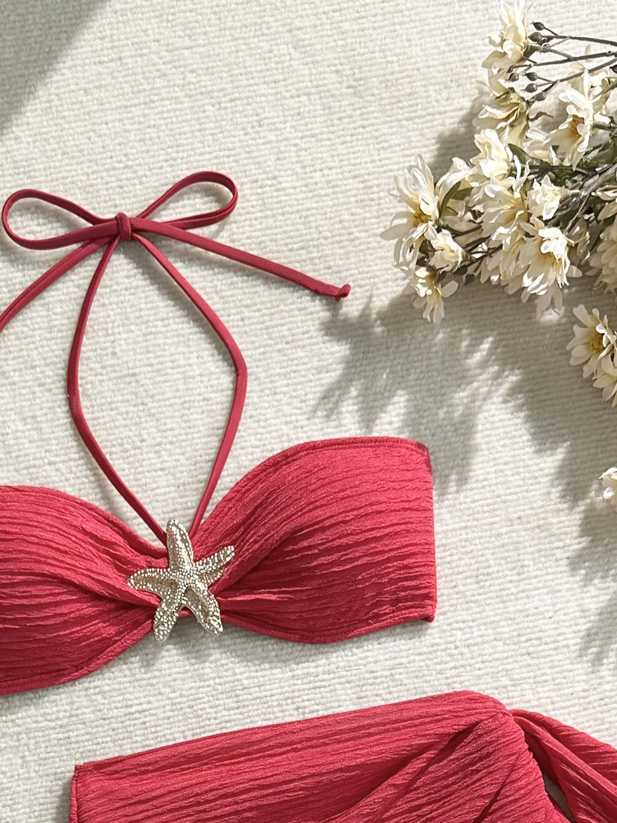 Sexy Metal Starfish Bikinis Set Women Brown Bandeau Push Up Mesh Skirt 3 Piece Swimsuit 2025 Beach Bathing Suit Holiday Swimwear