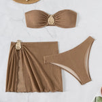 2026 New Sexy Bandeau Bikini Women Metal Water Droplet Ornament Push Up Mesh Skirt 3 Piece Swimsuit Beach Bathing Suit Swimwear