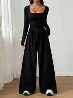 Women's Casual Solid Color Square Neck Long Sleeve A-Line Jumpsuit Pleating Wide Leg Loose Mopping Jumpsuit Spring/Fall 2026