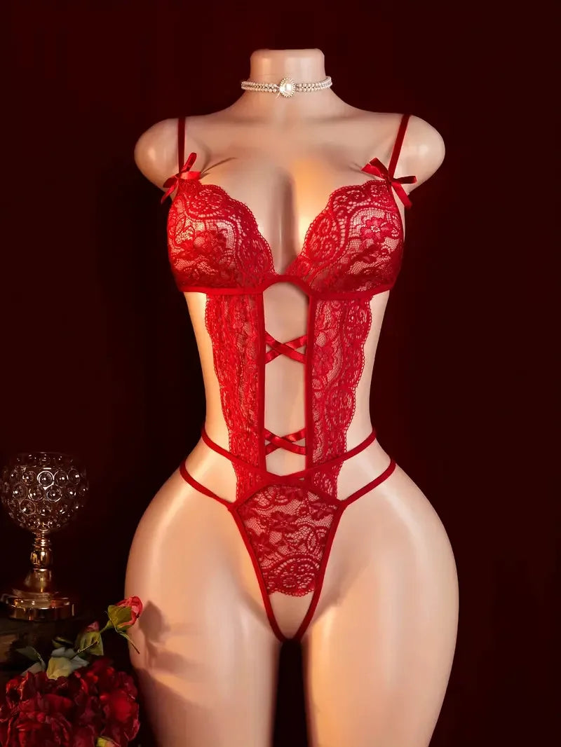 TransparentLace Lingerie Deep V Hollow Open Bra Erotic Lingerie Set Sexy Crotchless Bodysuit Temptation Pajamas Hot Underwear