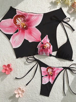 Sexy Pink Floral Print Short Sleeve Cover Up 3 Piece Bikini Set 2026 Women Push Up Thong Swimsuit Holiday Bathing Suit Swimwear