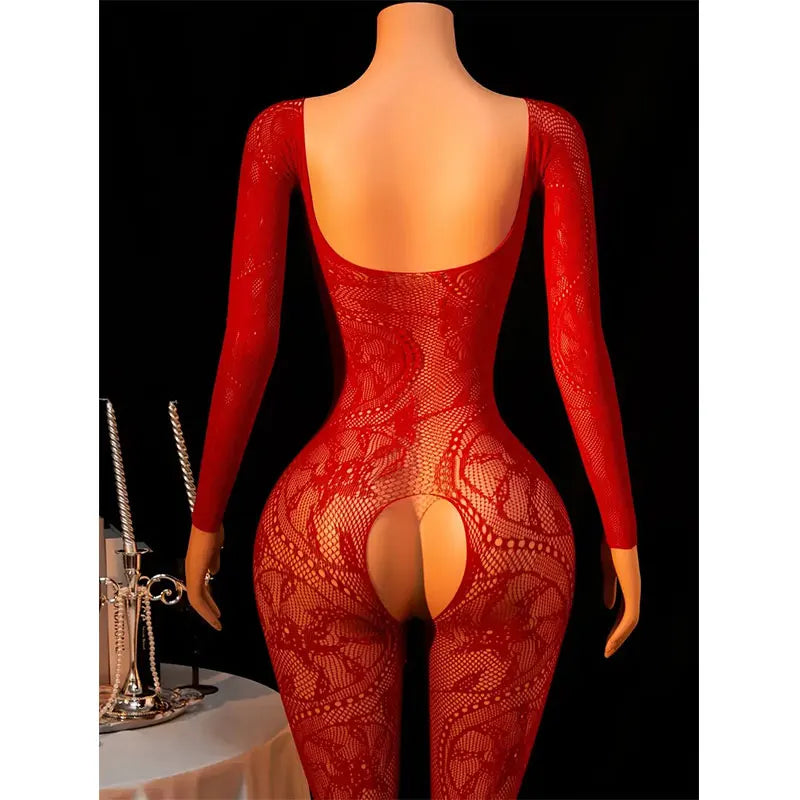 Hot Sexy Lingerie Erotic Crotchless Women Mesh Hollow Bodystockings Full Sleeve LeopardSling Hanging Neck Underwear Body Suits