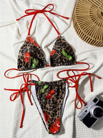 Sexy Leopard Cherry Bikini Red String Extrem Backless Swimsuit Tanga Halter Swimwear Women Bathing Suit Beach Outfit Bikinis Set