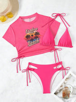 2026 Black Crop Top Swimwear Women Summer Sexy Beachwear Mesh Short Sleeve Cover Ups Top Three Piece Swimsuit Lace Up Bikini Set