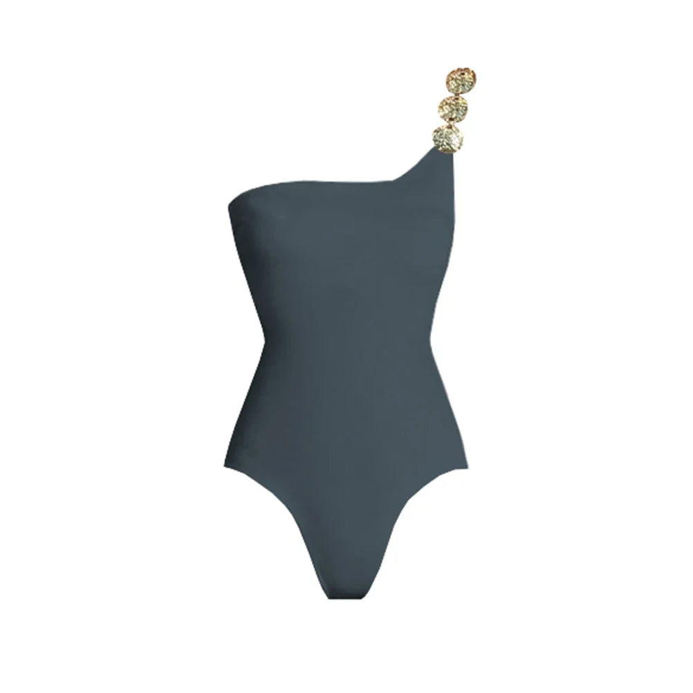Deep V Neck Swimsuit With Cover Up Sexy Women Swimwear One Shoulder Bikini Female Belt Swimming Suit Shiny Bodysuit Beachwear