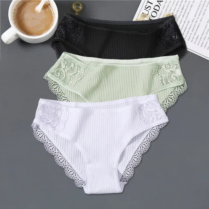 New 3Pcs/set Women's Cotton Panties M-2XL Women Patchwork Lace Underwear Sexy Low Waist Briefs Ladies Comfortable Underpants