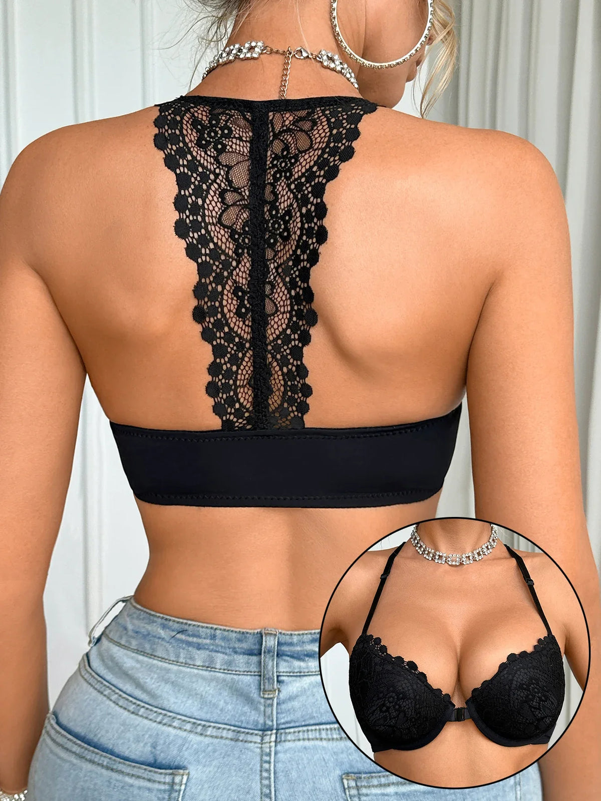 French Lace Back Beauty Women Sexy bras Trendy Halterneck Underwire Push up bra Comfortable women lingerie underwear