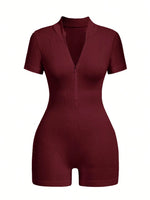 Women's Solid Color Half Zip Ribbed Knit Short Sleeve Romper Sports Soft Slim Fit Mock Neck Jumpsuit Streetwear 2025 Summer