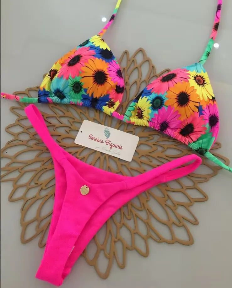2026 Swimwear Women CuteCherry Print Brazilian Thong Bikini Set Sexy Thong Swimsuit Two Pieces Bathing Suit Women Beach Wear