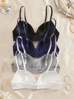 4PCS Daily Lace Trim Women's Underwear Set Bow Ribbed Push up Underwire Bra Comfortable Stylish Women's Bra