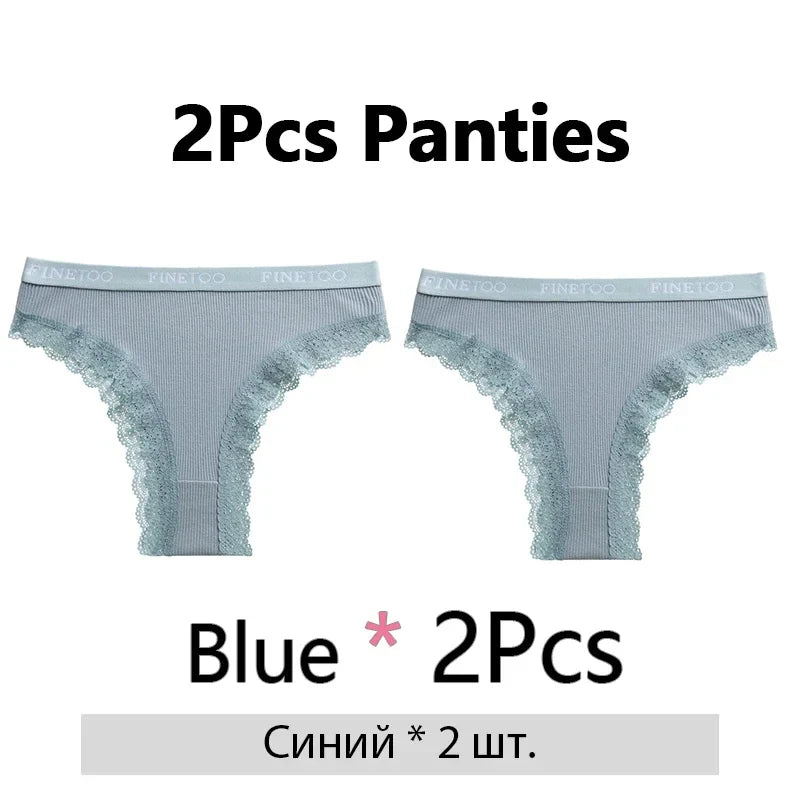 FINETOO 2Pcs/Set Women Cotton Brazilian Panties Plus Size M-2XL Lingerie Sexy Lace Underwear Low Rise Girls Intimates Underpants