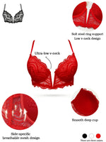 French Women's Lace Trim Bra Sexy Plunge Push Up Underwire Bra Chic & Elegant Ladies Lingerie Underwear