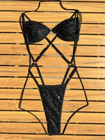Shiny Sequin Black One Piece Swimsuit 2026 Women Sexy Hollow Out Backless Thong Bikini Summer Bathing Suit Swimwear Monokini