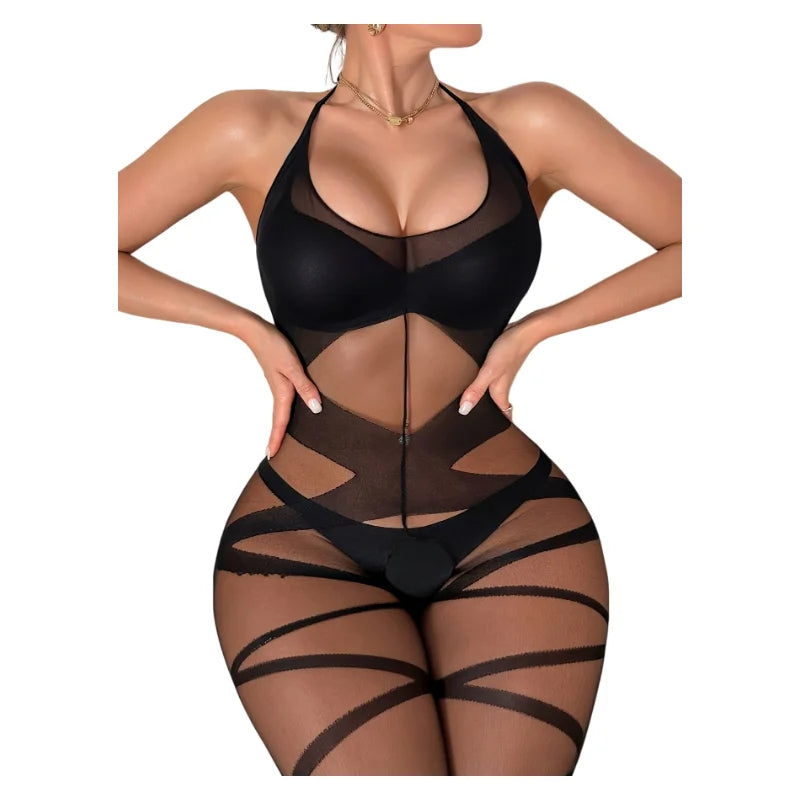 New Hot Crotchless Bodystocking EroticTransparent Sexy Lingerie Sexiest Bodysuit Mesh Hollow Bra Set Black Full Body Stockings