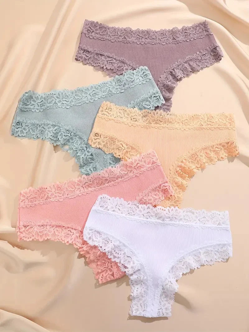 5Pcs Women Cotton Brazilian Pants Sexy Lace Brazilian Briefs Low Waist Floral Solid Color G-string Breathable Soft Lingerie