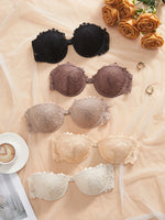 3Pcs Thin Cup Strapless Women's Sexy Bras Lace Trim Patchwork Pattern Front Clasp Push up Bra Comfortable Half-Cup Women's Bra