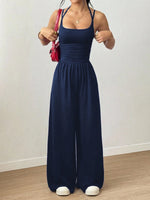 Women's Casual Solid Color Pleating Loose Straight Jumpsuit A-line Backless Halter Neck Slim Cami Jumpsuit Streetwear 2025