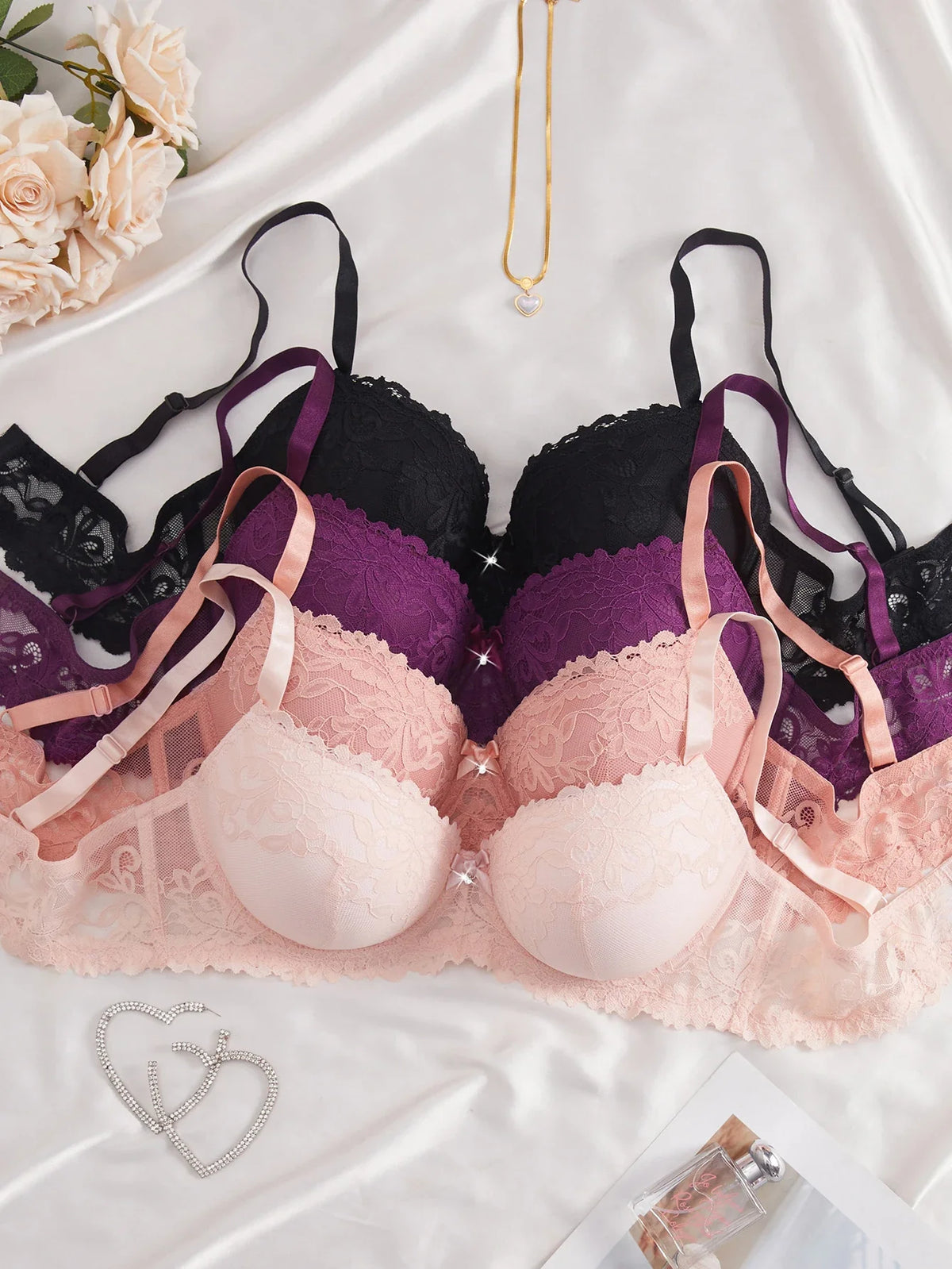 4PCS Plus Size Lace Women's Underwear Set Underwire Push Up Bra Rhinestone Bow Comfort B C D Thin Cup Bras Women