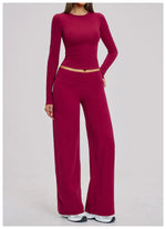 Yoga Set 2 Pieces Women Fitness Sportswear Gym Loose wide-leg pants Long-sleeved T-shirt Sports Crop Tops Tracksuit Workout Wear