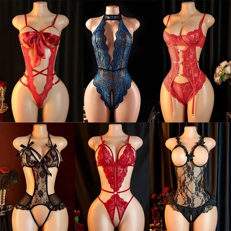 Nighttime Transparent Open Bra Porn Lingerie Corset Deep V Sexy Crotchless Underwear Women Lace Hollow Bras Hot Teddy Bodysuit