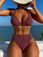 2024 Sexy Bikinis Women Brown Halter Brazilian Swimsuit Female Pleated Bikini Set Black Push Up Swimwear Beach Wear Bathing Suit