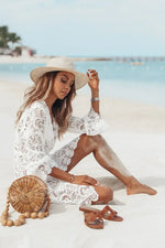 Summer Bikini Cover-ups Women Mini Dress White Lace Hollow Crochet Bathing Suit Swimsuit Tunic Sarong Wrap Beachwear