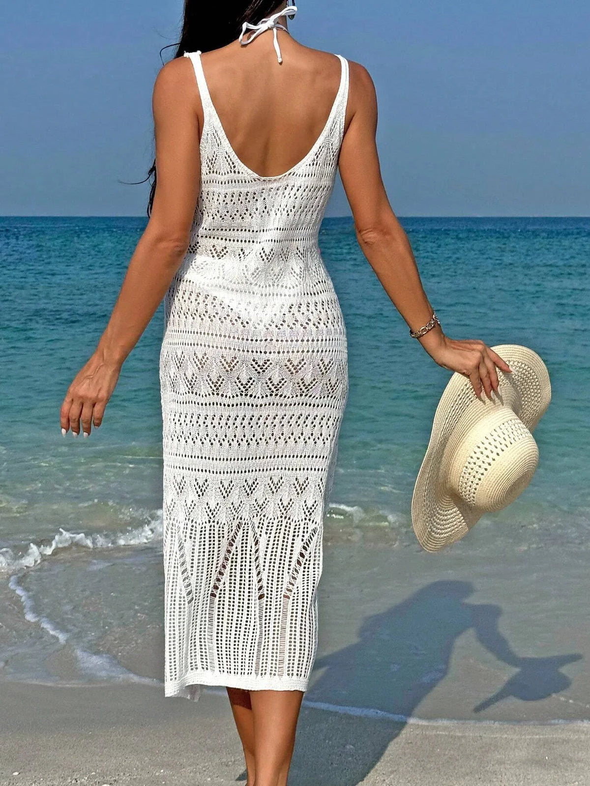 Elegant Temperament Women's Fashion Hollow Out Maxi Dress Cover up Skirt Suspender Skirt Showing Body Waistline Free Bikini