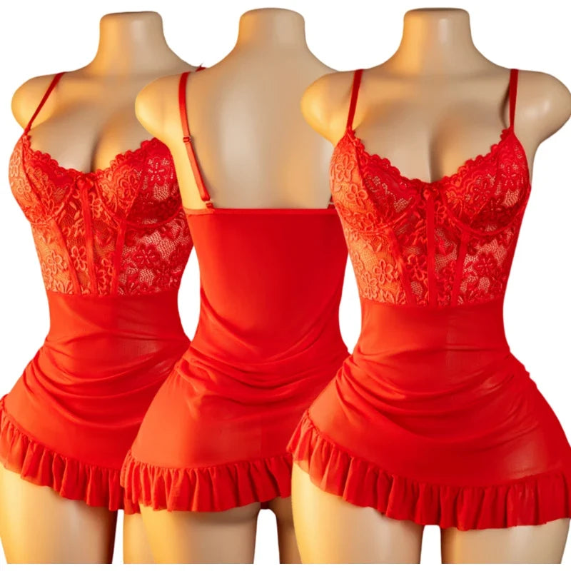 Ladies Sexy Lingerie Bra Erotic Set Transparent Deep V Lace Nightdress Women's Delicate Dress Summer Backless Hot Underwea Set