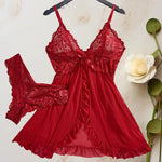 Ultra Sexy Lingerie Women Lace SeeThrough Nightdress Erotic PajamasSolid Soft Slim V Neck Sleepwear Summer Dress & Thong Kit