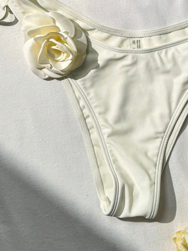 Sexy 3D Flower Patchwork Swimwear Thong Bikini 2024 Women Lace-up Swimsuit Halter Drawstring Swimming Bathing Suit Biquini Mujer