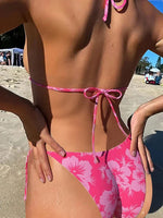 Sexy Pink Floral Print Bikini 2025 Mujer Women Metal Flower Ornament Push Up Thong Swimwear Summer Bathing Suit Micro Swimsuit
