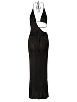 Sexy Slim Low-cut Tie Knit Halter Cut Out Circle Decoration High Slit Beach Maxi Dress 2026 Women Summer Swimsuit Cover Up K88