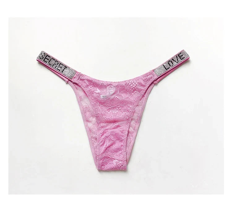 Rhinestone Lace Letter Sexy G String Women Panties Seamless Girls Underwear Transparent Thong For Female Low Rise Ladies Briefs