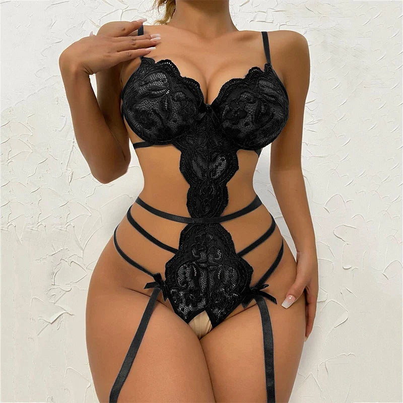 Hot Lace Seamless Bodysuit Sexy Women Underwear Erotic Pajamas Crotchless Deep V Open Bra See Through Babydoll LingerieSet