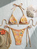 Sexy Orange Leaves Print Micro Bikini 2025 Women Shell Ornament Push Up Bra Bandage Thong Swimsuit Holiday Bathing Suit Swimwear