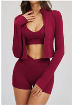 New 3 Pieces Yoga Set Women Workout Sportswear Gym Clothing Fitness Long Sleeve Crop Top Shorts Leggings Female Sport Bra Suits