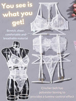 Sexy Garter Lingerie Set for Women – 4pcs Floral Lace Strappy High Waisted Bra Panty with Choker Belt