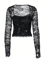 Women's Sexy Lace Patchwork Square Collar Flare Sleeve T-Shirt Elegant Slim Fit Long Sleeve Cropped Top Spring/Fall 2026