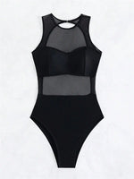 Sexy See Through One Piece Swimsuit 2025 Women Solid Black Mesh Transparent Hollow Out Backless Bathing Suit Swimwear Beachwear