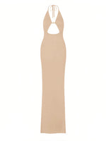 Sexy Knit Halter V Neck Slit Beach Maxi Dress For Women 2026 Chic Button Cut Out Backless Party Dresses Swimwear Cover Up A3151