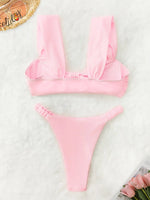 2026 Swimwear Women Halter Low Cut Bikini Set Solid Pleated Split Swimsuit Sexy Thongs Summer New Holiday Bathing Suit