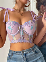 1Pcs Women's Sexy Bra Mesh Bustier Crop Top Floral Embroidery Push up Bra Hollow Out Lace Ladies' Underwear