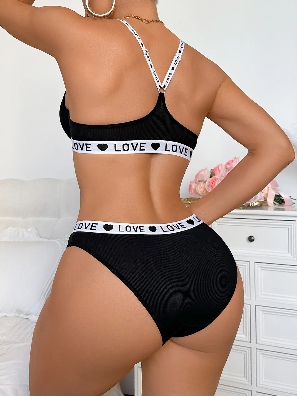 New Ribbed Women's Underwear Set Letter Strap Underwear Front-Clasp Push-Up Bra Comfy Daily Female Bra Set