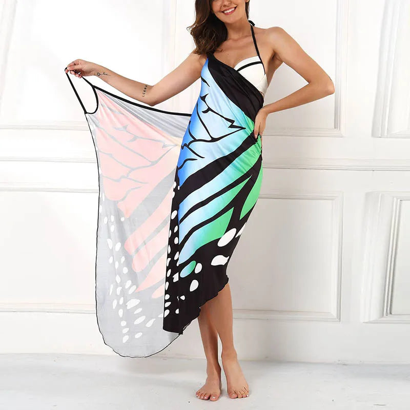 Sexy Butterfly Print Cover Up Swimwear Women Dress Summer Tunic Bikini Bath Sarong Wrap Skirt Swimsuit Elegant Lady Beachwear
