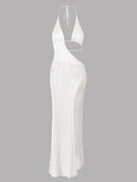Sexy Slim Low-cut Tie Knit Halter Cut Out Circle Decoration High Slit Beach Maxi Dress 2026 Women Summer Swimsuit Cover Up K88