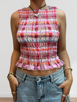 Women Summer Smock Tank Tops Casual Fashion Ruffle Hem Plaid Print Sleeveless Shirt Basic Vest Streetwear